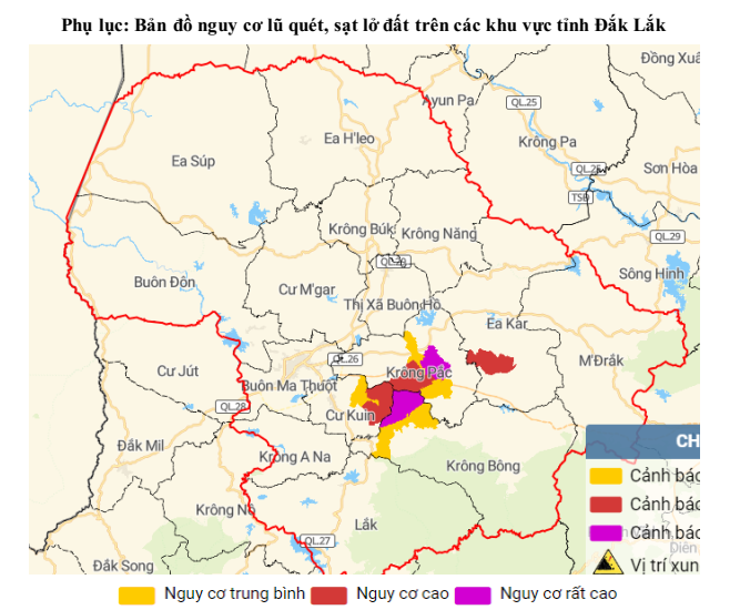 Tin cảnh báo lũ quét, sạt lở đất, sụt lún đất do mưa lũ hoặc dòng chảy trên tỉnh Đắk Lắk (phát lúc: 16 giờ 40’ ngày 08/7/2024)