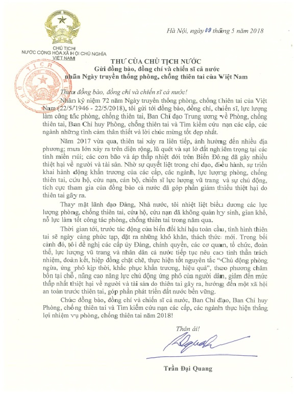 Thư của Chủ tịch nước Trần Đại Quang gửi đồng bào, đồng chí và chiến sĩ cả nước nhân dịp kỷ niệm 72 năm ngày truyền thống phòng, chống thiên tai của Việt Nam